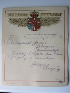 Statstelegram til Anne-Maries mormor og morfars bryllup i 1910